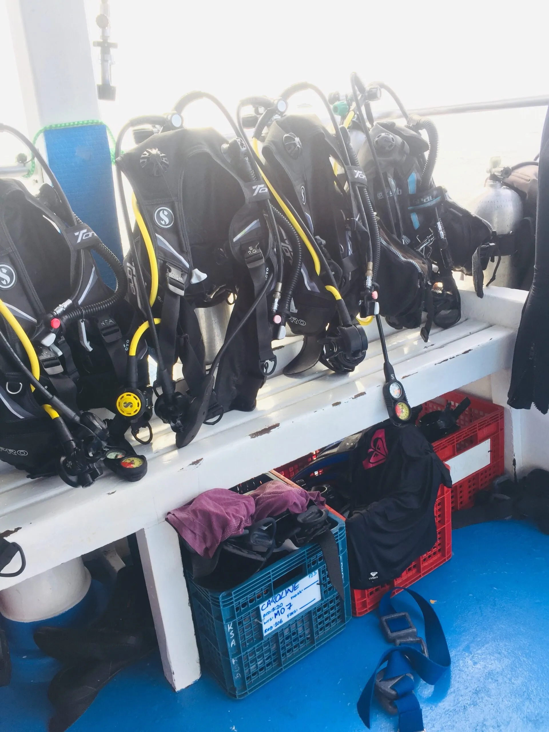 Dive gear laid out and packed for a liveaboard trip