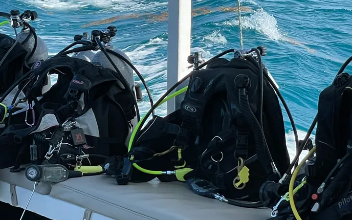 Diver descending into deep blue water