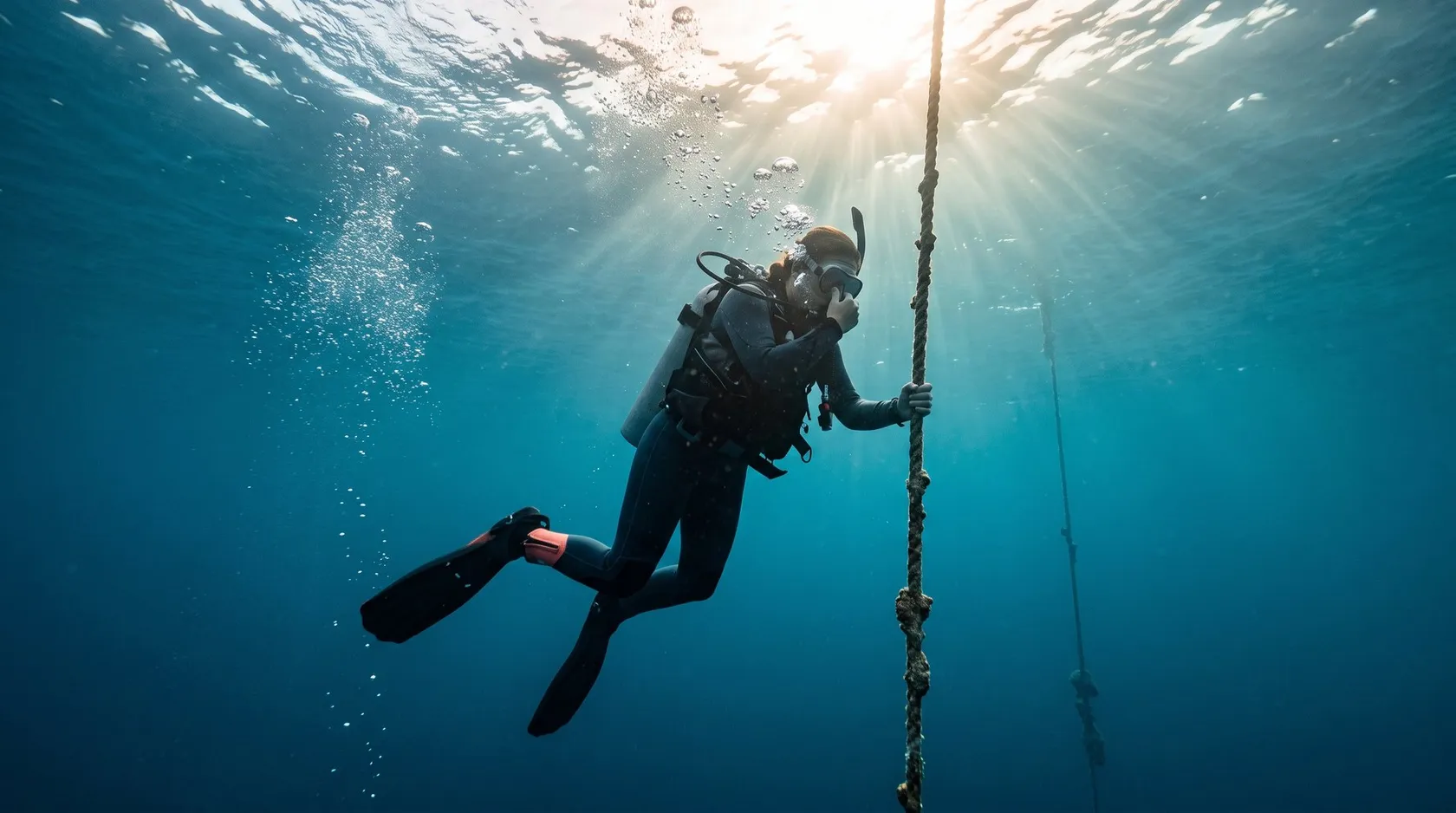 Diver equalizing ear pressure while descending along a mooring line