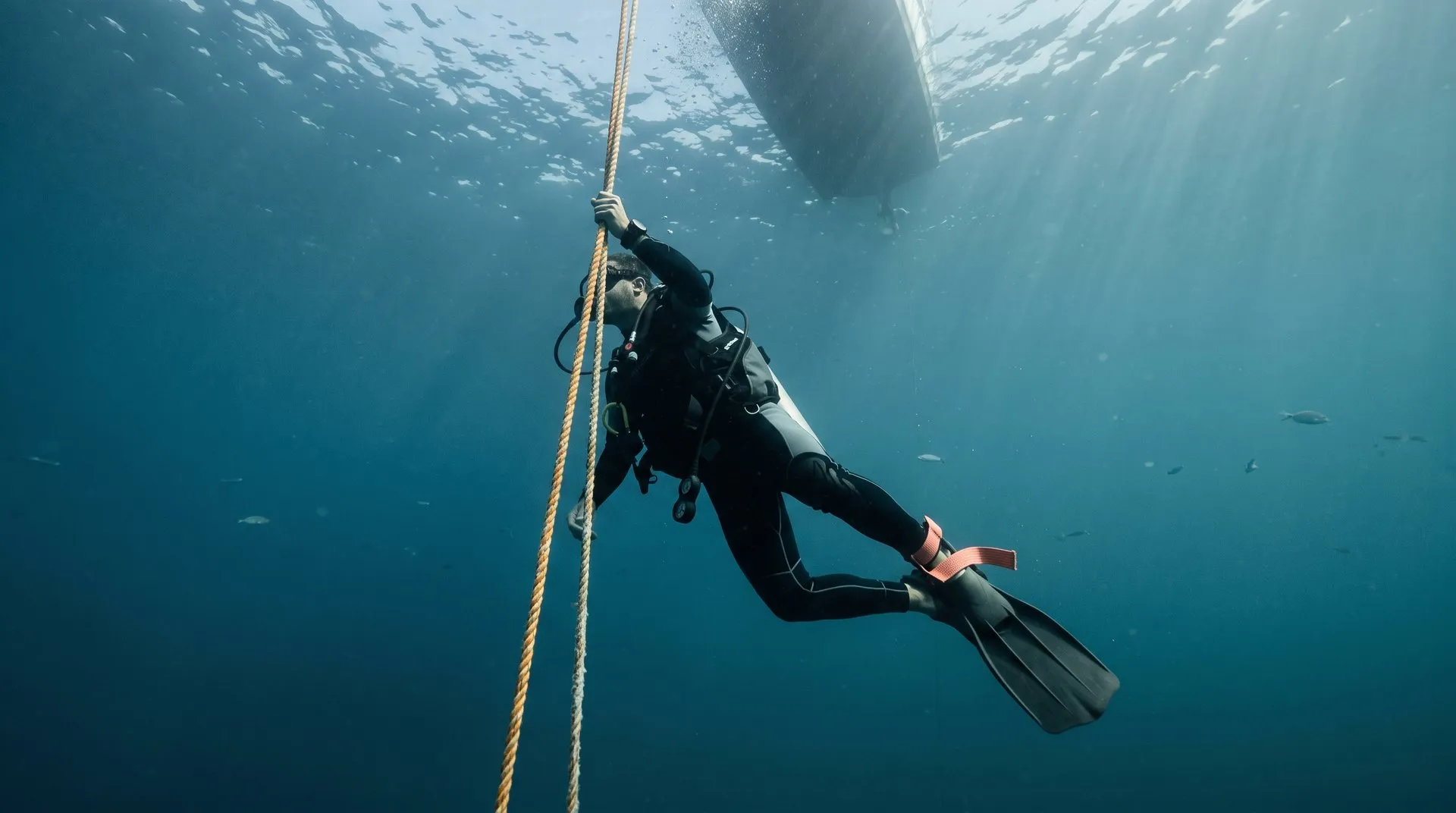 Diver pausing on the line beneath the boat