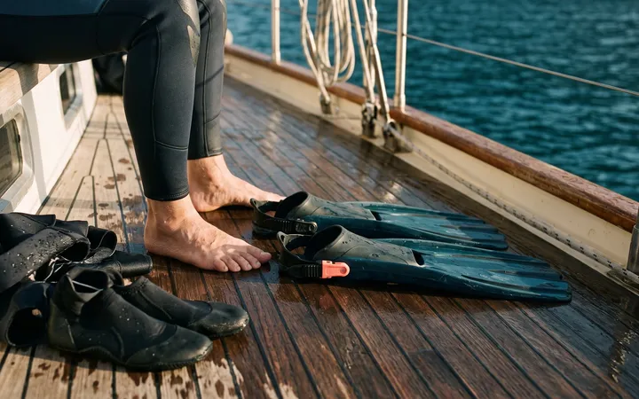 Bare feet next to open-heel fins and neoprene booties on a wet boat deck