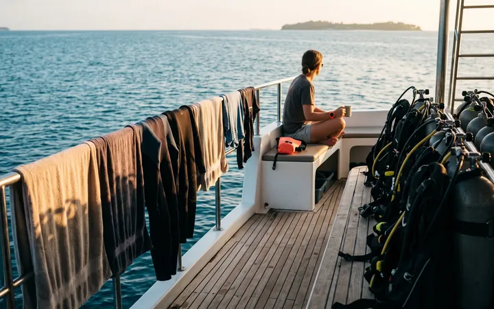 Liveaboard dive deck at golden hour with wetsuits drying on the railing