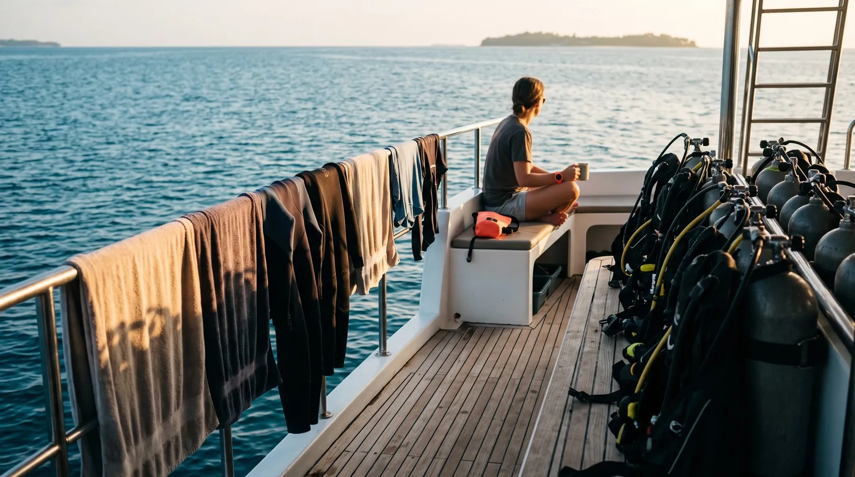 Liveaboard dive deck at golden hour with wetsuits drying on the railing