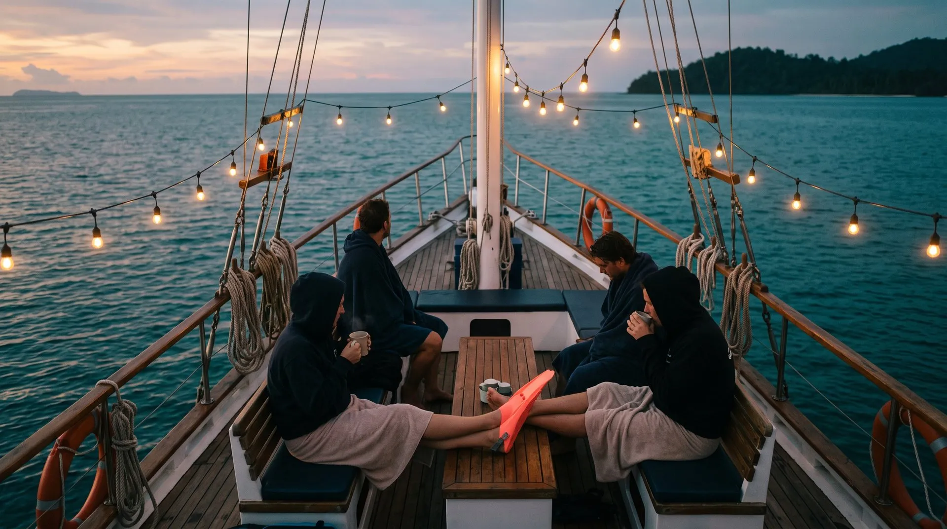 Divers relaxing on the upper deck of a liveaboard at dusk