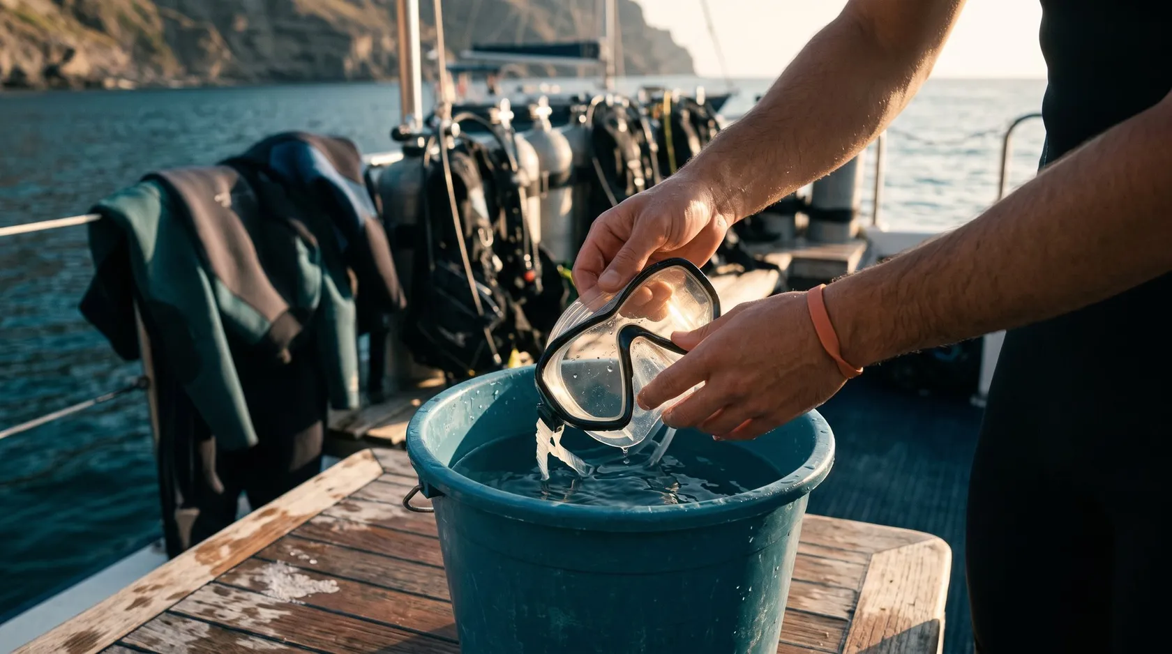 Hands rinsing a dive mask in a bucket on a dive boat deck