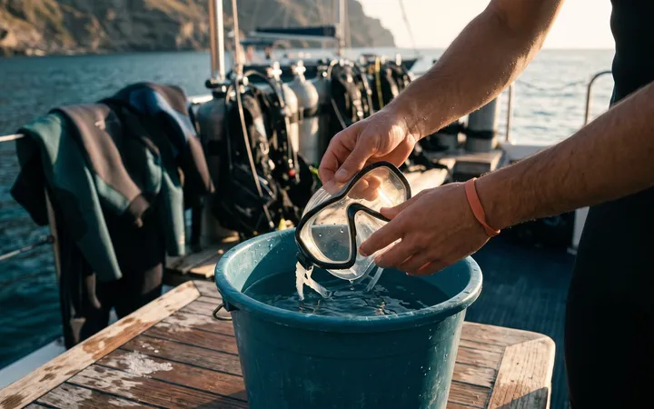 Hands rinsing a dive mask in a bucket on a dive boat deck