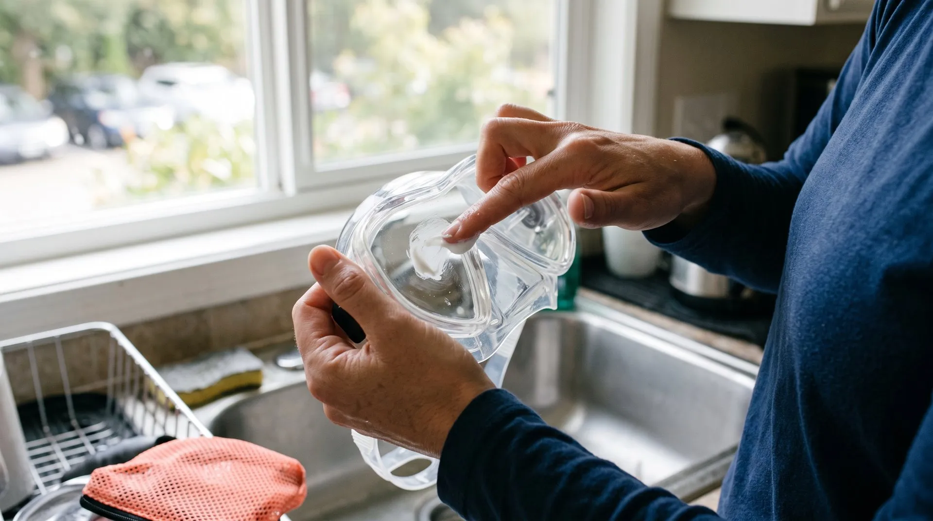 Rubbing toothpaste onto the inside of a new dive mask lens at the kitchen sink