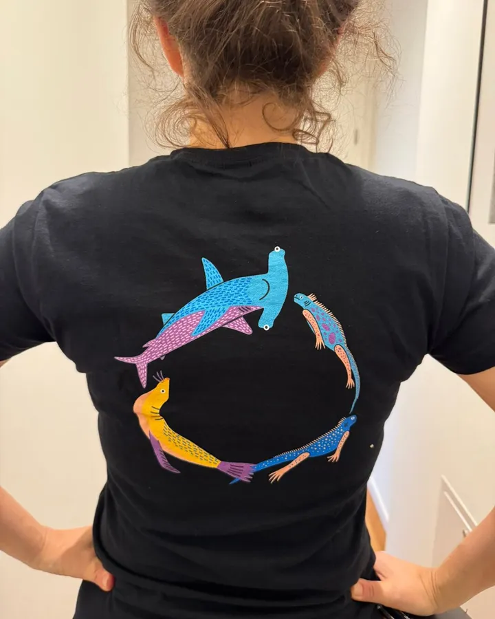 A soggylife marine print on apparel, hammerheads circling across the back