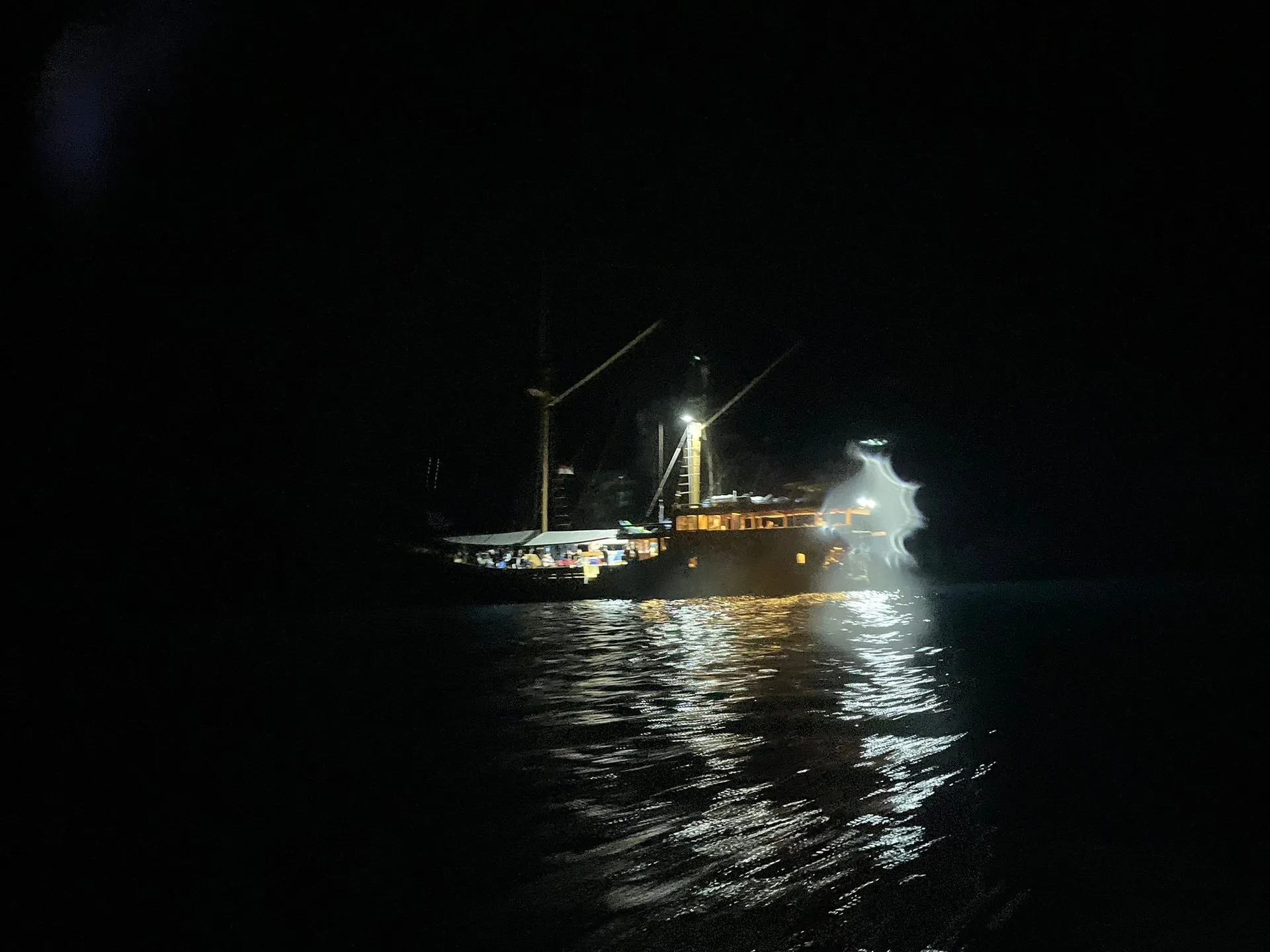 The Jaya lit up at night on dark water