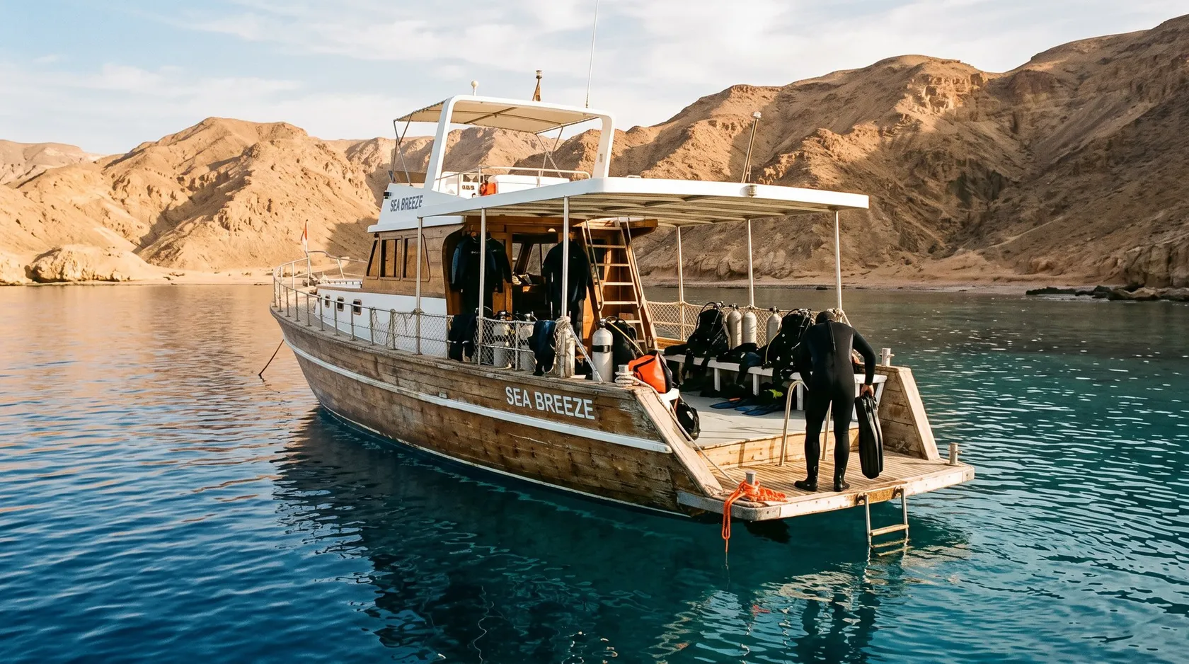 Dive boat on the Red Sea with bare desert mountains rising behind the water
