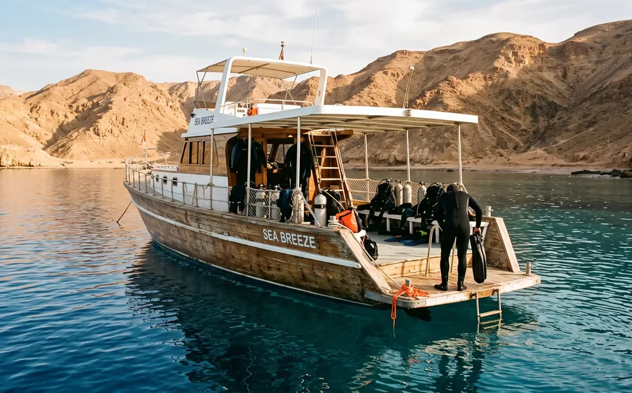 Dive boat on the Red Sea with bare desert mountains rising behind the water