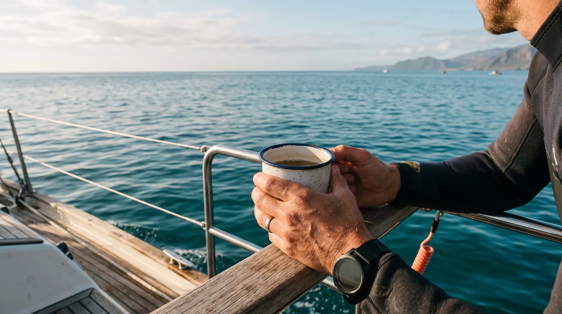 Hands around a warm mug at the boat railing, calm horizon behind