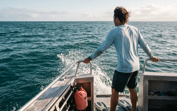 Person at the stern of a dive boat holding the railing and watching the horizon