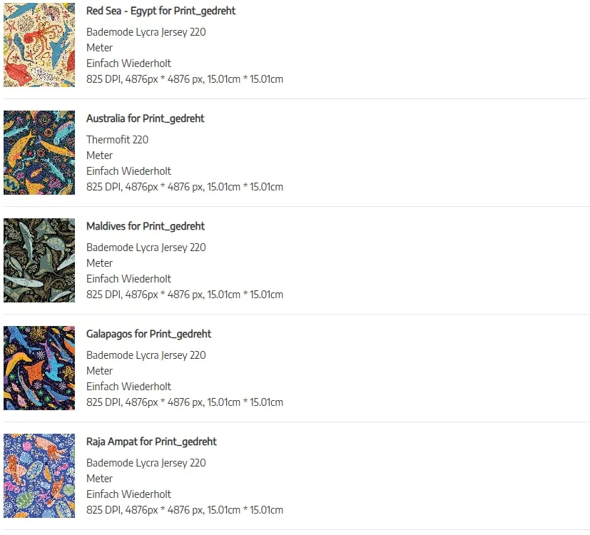 CottonBee order list showing the five soggylife prints, each ordered as a rotated version at a 15 cm repeat