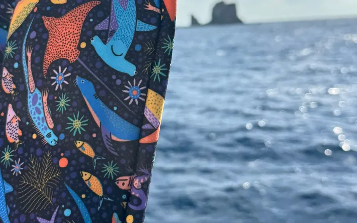 Close-up of the printed prototype fabric with the ocean in the background